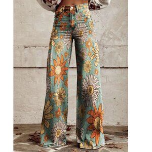 Party Jeans, Concert show Clothings, Retro pants, Hippy, 70's, Flower pattern.